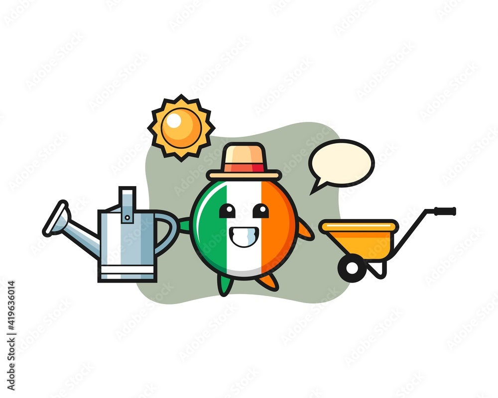 Cartoon character of ireland flag badge holding watering can