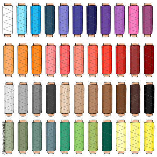 Vector set of wooden bobbins, spools with colored thread isolated on background. Equipment for sewing, tailoring, accessory for needlework and clothing repair