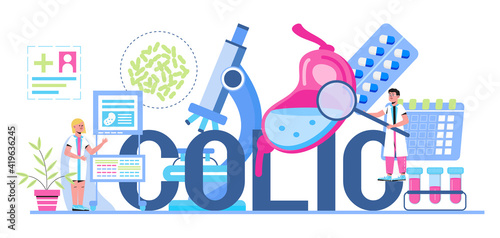 Gastritis, colic, stomach ulcer concept vector. Tiny doctors research stomach. Gastroenterology illustration for medical blog website