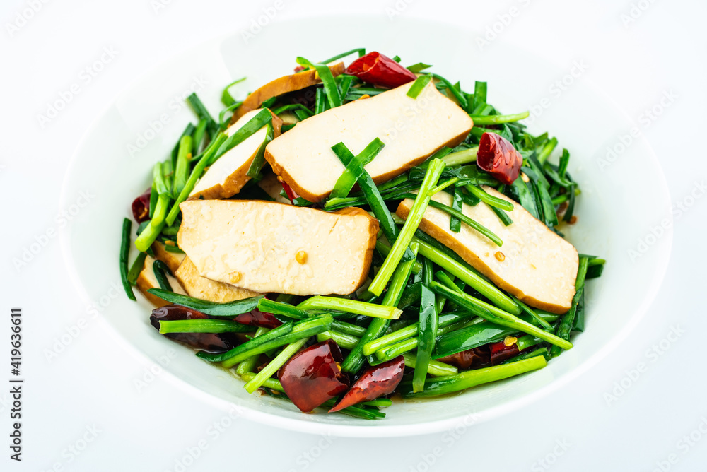 Chinese food, a dish of sauteed leeks Chinese food, a dish of sauteed leeks