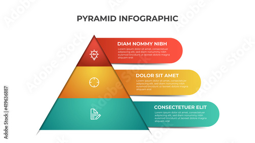 Pyramid infographic template with 3 levels, options, list diagram. Colorful layout for presentation, report, brochure, banner, etc.