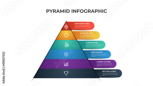 Pyramid infographic template with 6 levels, options, list diagram. Colorful layout for presentation, report, brochure, banner, etc.