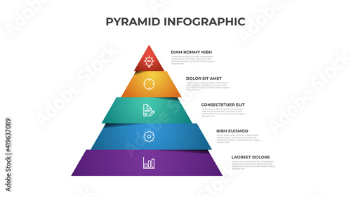 Colorful pyramid infographic template vector with 5 steps, list, levels diagram. Triangle segmented layout for presentation.