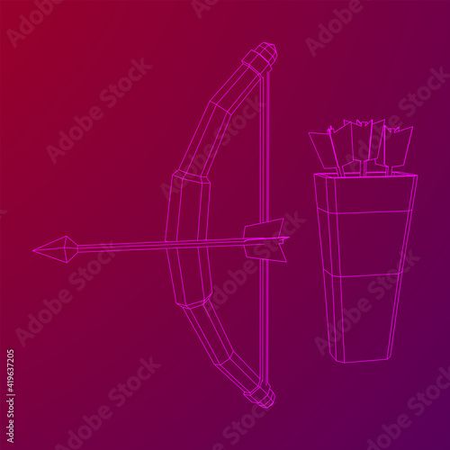 Medieval Bow and arrow archer weapon. Wireframe low poly mesh vector illustration.