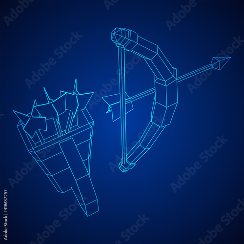 Medieval Bow and arrow archer weapon. Wireframe low poly mesh vector illustration.