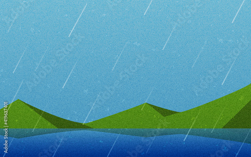 雨空と山と湖、自然の風景素材、レトロ風