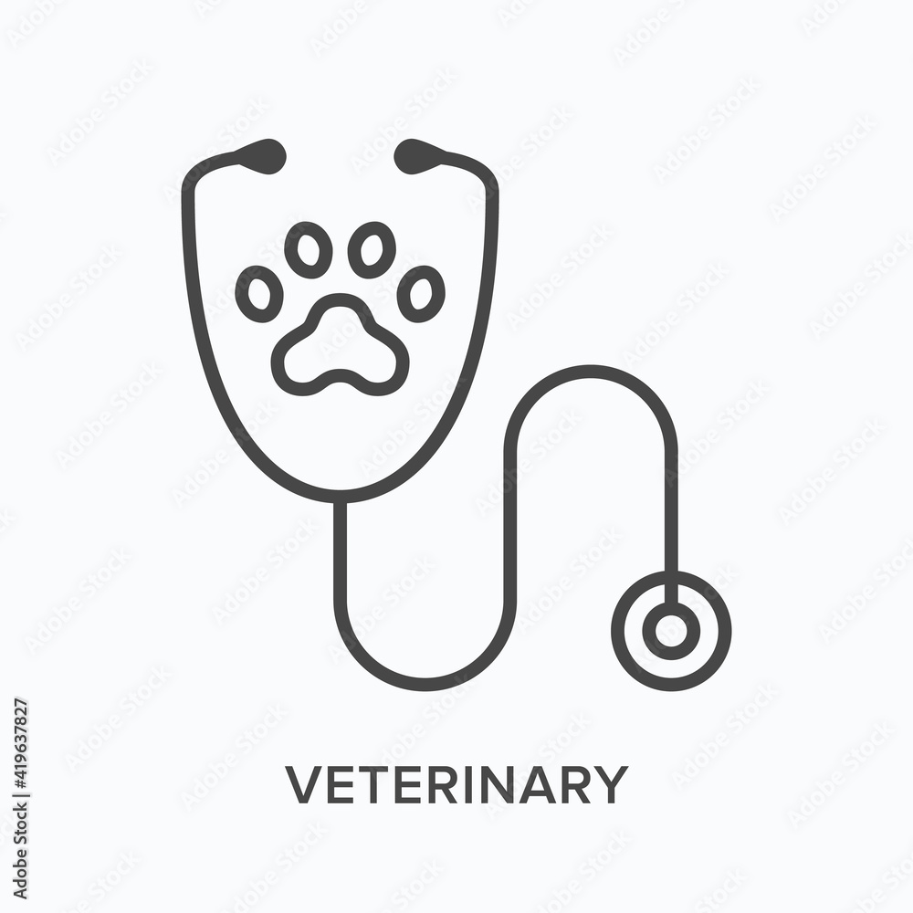 Veterinary flat line icon. Vector outline illustration of stethoscope and paw. Black thin linear pictogram for vet hospital Veterinary flat line icon. Vector outline illustration of stethoscope and paw. Black thin linear pictogram for vet hospital