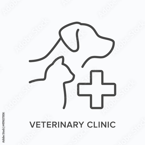Veterinary clinic flat line icon. Vector outline illustration of cat and dog. Black thin linear pictogram for vet hospital