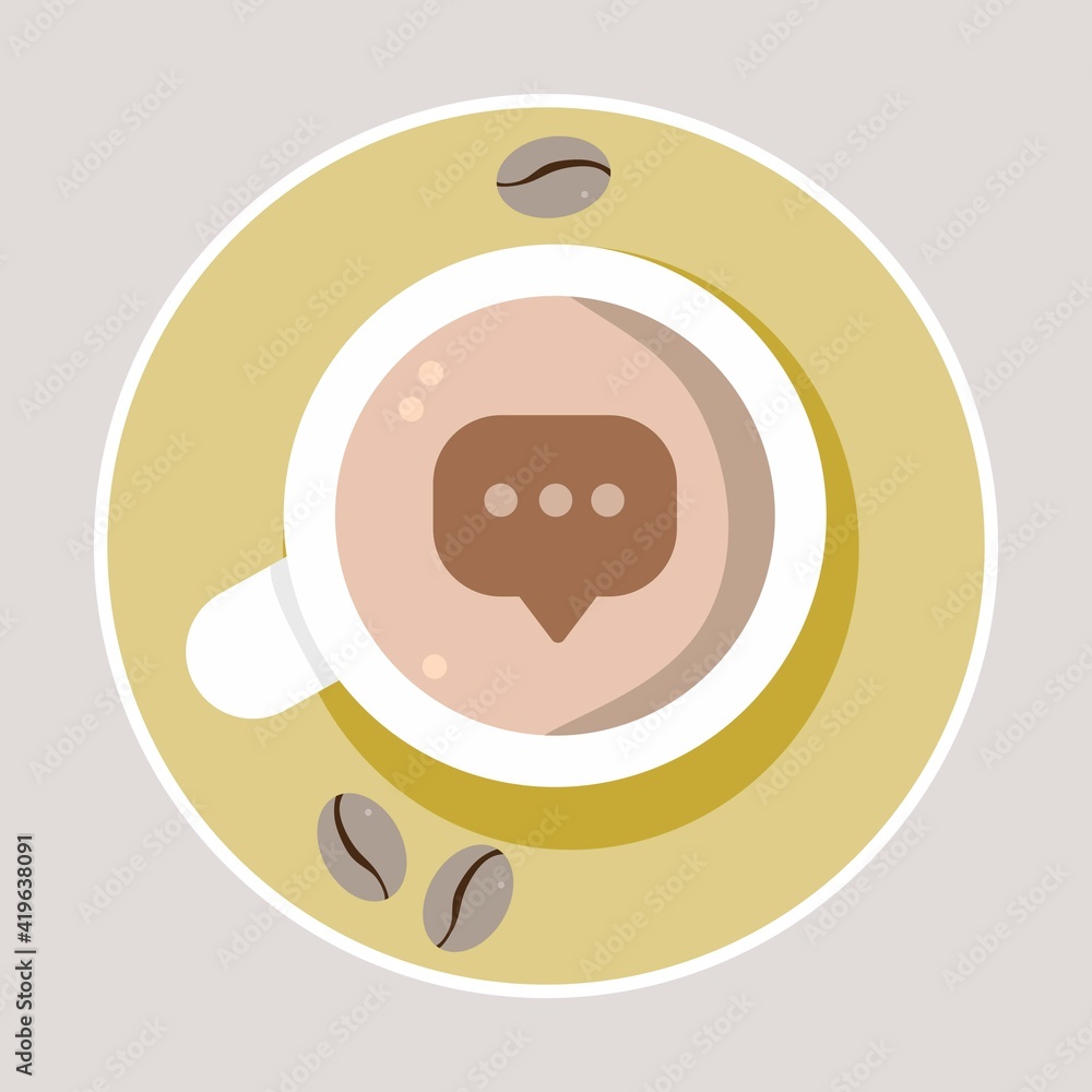 Vector illustration of a cup of coffee with a green plate surrounded by coffee beans with top view, comment sign, perfect for coffee product advertisements Vector illustration of a cup of coffee with a green plate surrounded by coffee beans with top view, comment sign, perfect for coffee product advertisements