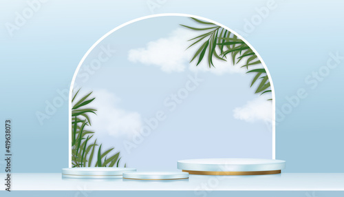 Fototapeta Naklejka Na Ścianę i Meble -  Minimal Podium showcase display with Cylinder Stand on blue sky, cloud and palm leaves on wall,Vector Realistic 3D Stage pedestal platform for Product presentation, Cosmetic or Spa products on Summer