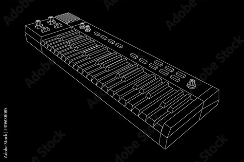 Piano roll analog synthesizer faders buttons knobs. Wireframe low poly mesh vector illustration.