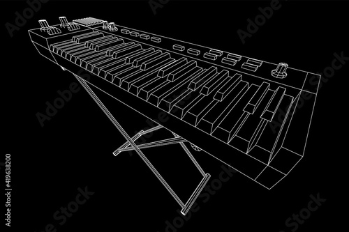 Piano roll analog synthesizer faders buttons knobs. Wireframe low poly mesh vector illustration.