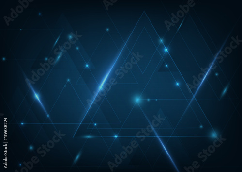 Abstract technology dark blue triangles shape and lines background with lighting.