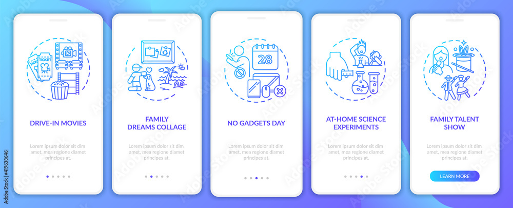 Fototapeta premium Family fun ideas onboarding mobile app page screen with concepts. Family talent show in school walkthrough 5 steps graphic instructions. UI vector template with RGB color illustrations