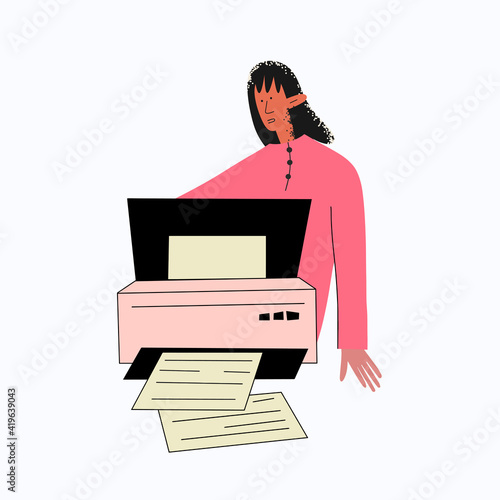 ethnic woman secretary works at the printer. Office workflow. Archiving and copying of documents. The assistant performs tasks. Working routine. Trendy flat textured character isolated