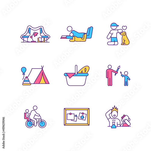 Family fun RGB color icons set. Home experiments with children. Safe family bicycle ride in park. Paiting presents for parents. Cubby house to play with friends. Isolated vector illustrations