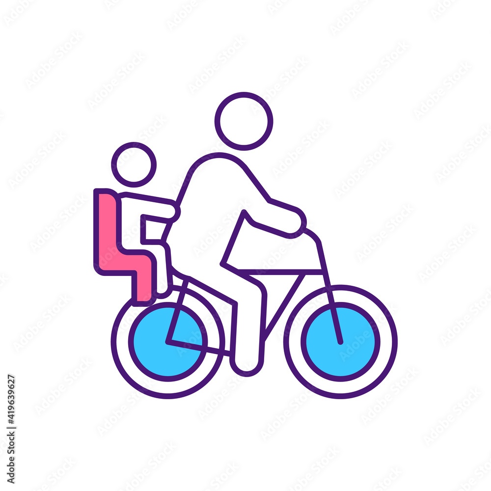 Safe family ride RGB color icon. Bicycle evening with children in park. Sport activity for parents and kids to improve health. Upgrading strength of bodies. Isolated vector illustration