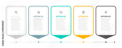 Vector business infographic template design with arrow and icons. Timeline process with 5 options or steps.