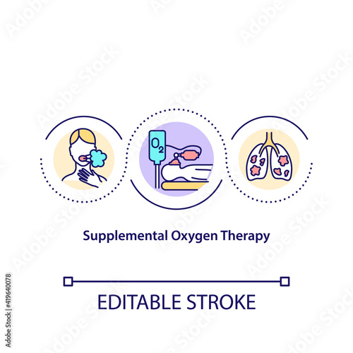 Supplemental oxygen therapy concept icon. Use of oxygen as medical treatment of corona virus. Pandemia idea thin line illustration. Vector isolated outline RGB color drawing. Editable stroke