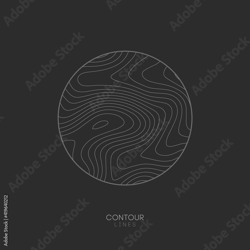 Topographic map circle logo concept on dark background. Topo map elevation lines. Contour vector abstract vector illustration.