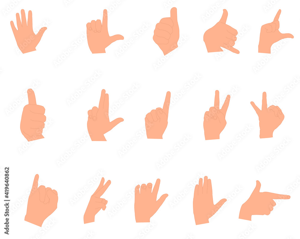 Set of different hand gestures. Hand sign. Vector illustrations of hand gesture. Sign Language.
Set of different hand gestures. Hand sign. Vector illustrations of hand gesture. Sign Language.