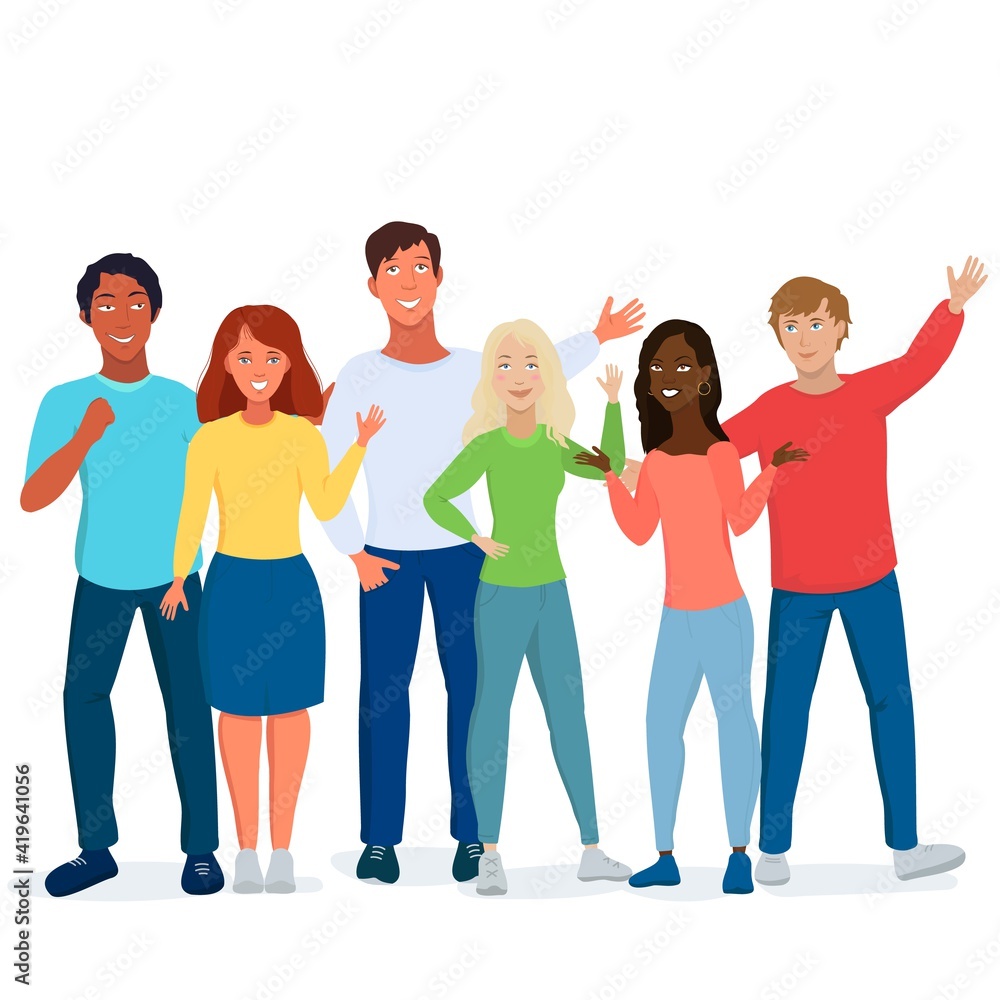 Multicultural students flat vector illustration. Young girls and boys waving isolated characters. Concept of friendship day, Diverse cultures. Happy teenager in casual clothes. Youth lifestyle.
