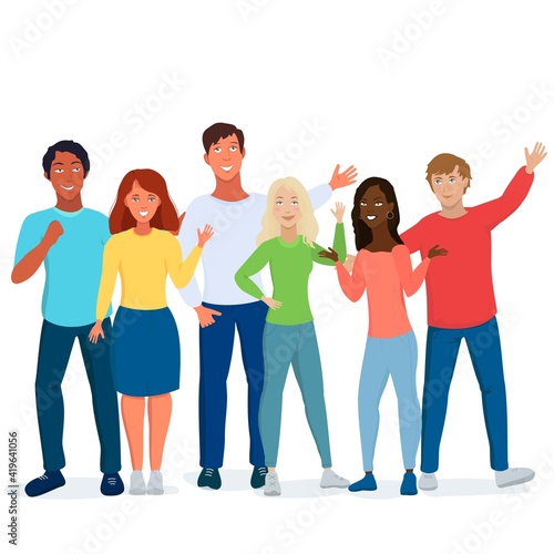 Multicultural students flat vector illustration. Young girls and boys waving isolated characters. Concept of friendship day, Diverse cultures. Happy teenager in casual clothes. Youth lifestyle.