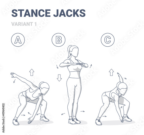 Stance jacks women home workout exercise for health and boosting metabolism guidance illustration.