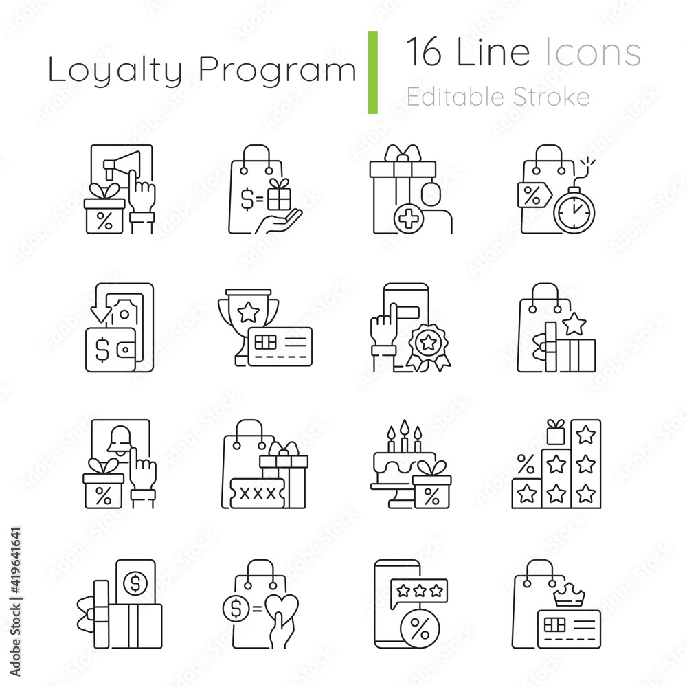 Loyalty program linear icons set. Purchase things and getting bonus. Discount card. Customizable thin line symbols. Isolated vector outline illustrations. Editable stroke Loyalty program linear icons set. Purchase things and getting bonus. Discount card. Customizable thin line symbols. Isolated vector outline illustrations. Editable stroke
