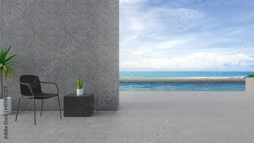 Chair on terrace near swimming pool in modern beach house or luxury villa. Concrete deck 3d rendering with sea view.