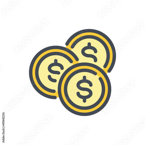 Dollar coins color line icon. Couple coins vector outline colorful sign.