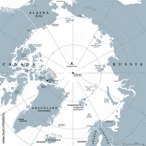 Arctic region, gray political map. Polar region around North Pole of Earth. The Arctic Ocean region, with North Magnetic Pole and North Geomagnetic Pole, longitudes and latitudes. Illustration. Vector