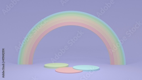 Three round podium with a rainbow. Display stand for goods and products. Pastel colors. White rectangular background. 3d render.