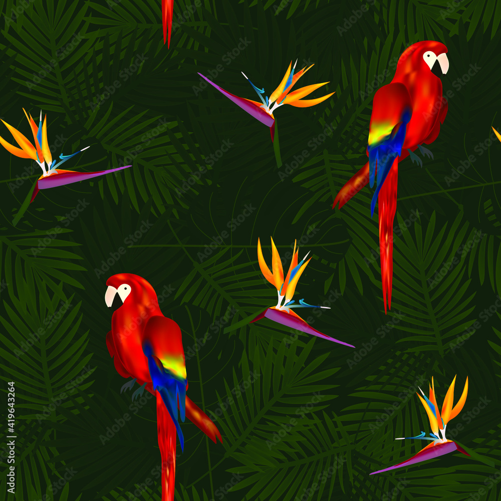 Tropical seamless pattern of flowers bird of Paradise (strelitzia) and parrots on background of palm leaves. Exotic illustration of wildlife.