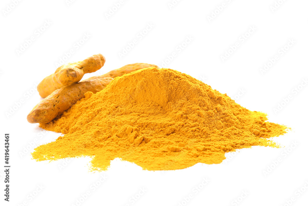 Heap with turmeric powder and roots on white background Heap with turmeric powder and roots on white background
