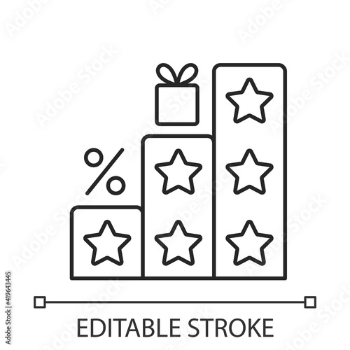 More points and rewards black linear icon for light theme. Tiered loyalty program. Thin line customizable illustration. Isolated vector contour symbol. Editable stroke