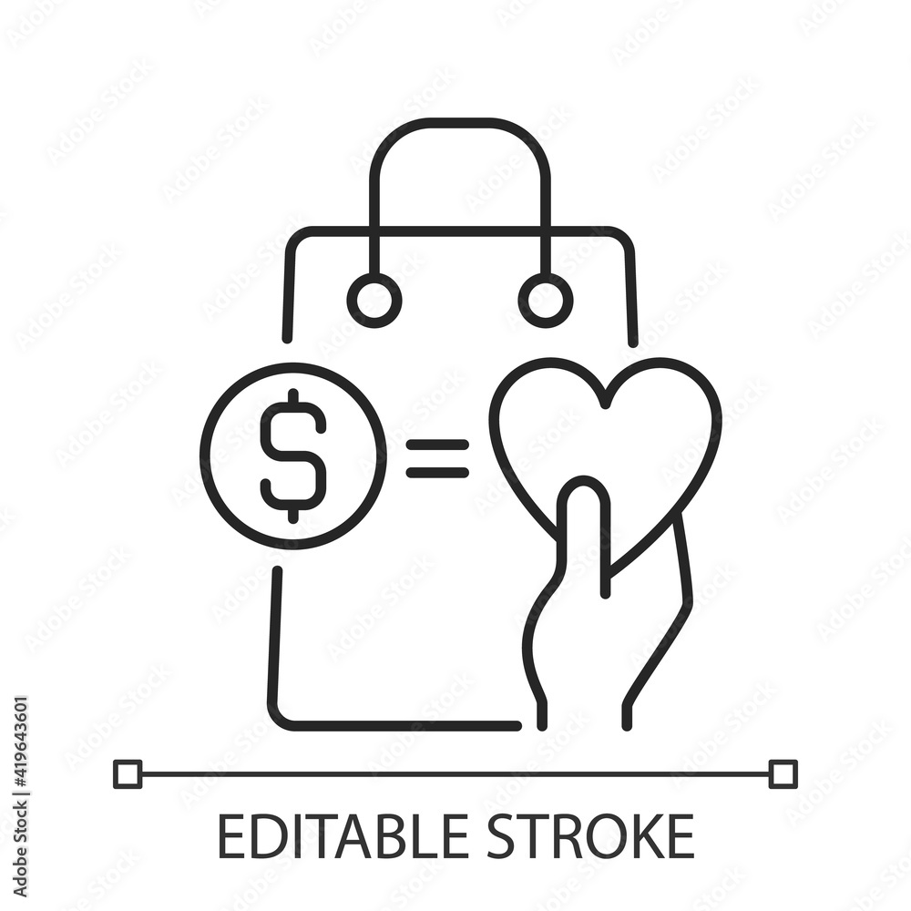 Money from purchases going to charity black linear icon for light theme. Buy and donate. Thin line customizable illustration. Isolated vector contour symbol. Editable stroke Money from purchases going to charity black linear icon for light theme. Buy and donate. Thin line customizable illustration. Isolated vector contour symbol. Editable stroke