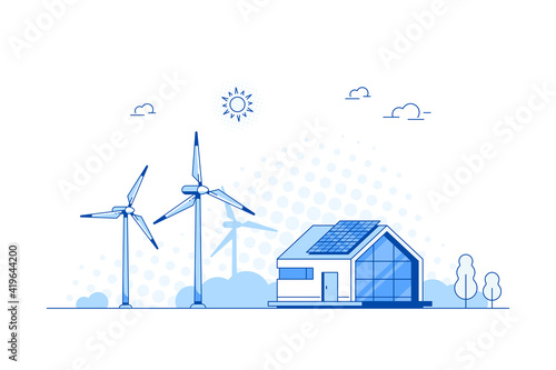 Landscape with Modern House, Solar Panels and Wind Turbines. Eco House, Energy Effective House, Green Energy concept banner design. Flat style vector illustration.