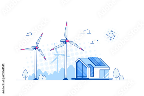 Landscape with Modern House, Solar Panels and Wind Turbines. Eco House, Energy Effective House, Green Energy concept banner design. Flat style vector illustration.