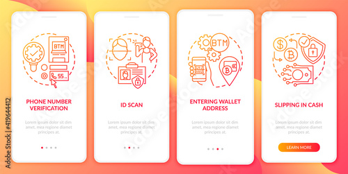 Bitcoin ATM verification steps onboarding mobile app page screen with concepts. Purchasing cash or debit card walkthrough 5 steps graphic instructions. UI vector template with RGB color illustrations