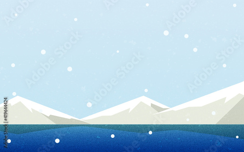 雪空と山と湖、自然の風景素材、レトロ風 © TKM