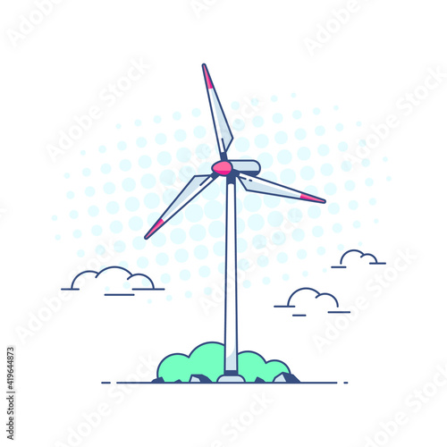 wind turbines on white background, flat style outline concept illustration of renewable wind energy