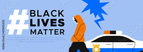 Black lives web banner template illustration for discrimination fight or international social issues event. Modern flat design of black man suspect being chased by police car with copy space.