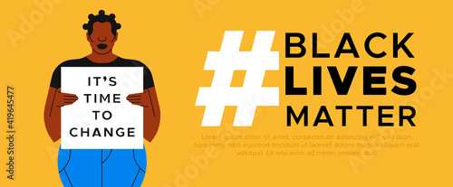 Black lives web banner template illustration for discrimination fight or international social issues event. Modern flat design of woman holding protest sign with copy space.