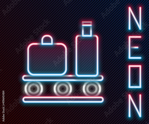 Glowing neon line Airport conveyor belt with passenger luggage, suitcase, bag, baggage icon isolated on black background. Colorful outline concept. Vector Illustration.