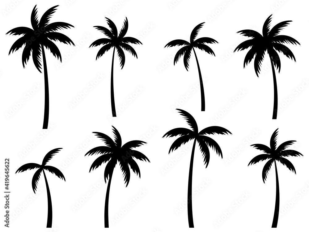 Black palm trees set isolated on white background. Palm silhouettes. Design of palm trees for posters, banners and promotional items. Vector illustration
