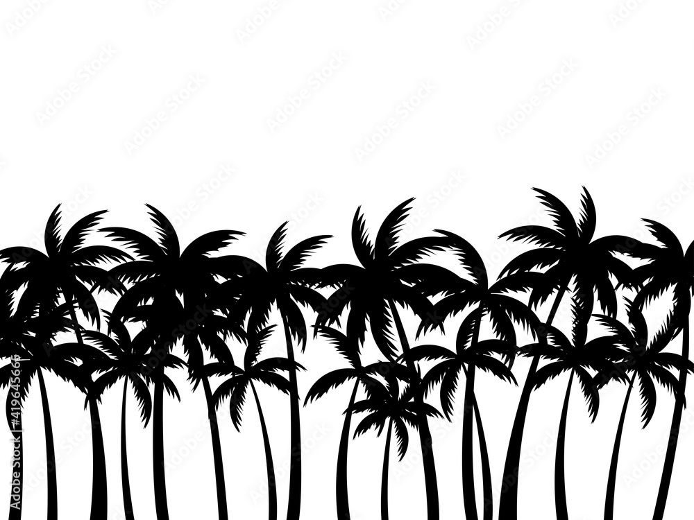 Landscape with palm trees. Black silhouettes of palm trees on a white background. Design for poster, travel banner. Vector illustration