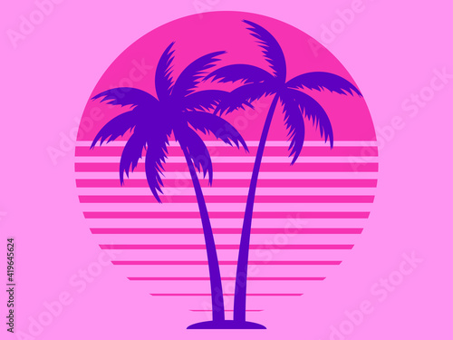 Two palm trees against a pink sun in the style of the 80s. Synthwave and 80s style retrowave. Design for advertising brochures, banners, posters, travel agencies. Vector illustration