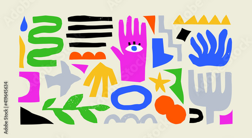 Colorful organic shape doodle collection. Funny basic shapes, random childish doodle cutouts of tropical leaf, hand and decorative abstract art on isolated background.
