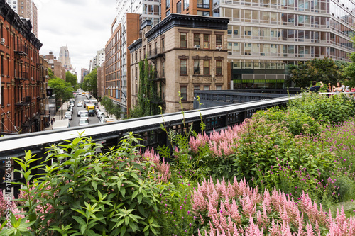 Fototapeta Naklejka Na Ścianę i Meble -  Elevated view from The High Line down West 17th Street, New York, USA. Foreground shows the vibrant flowers and shrubs planted in the park